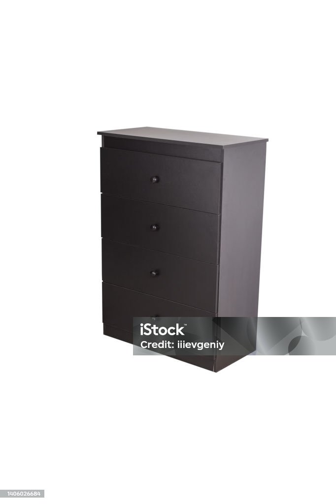 New black closed bedside table isolated on white background Dresser Stock Photo