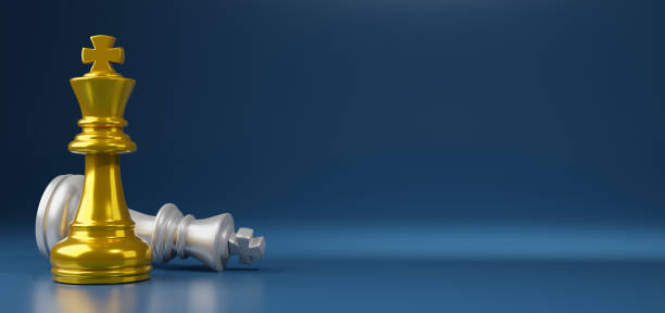 istock 3D illustration, Gold and silver king on a blue background, Battle competition concept 1406026838