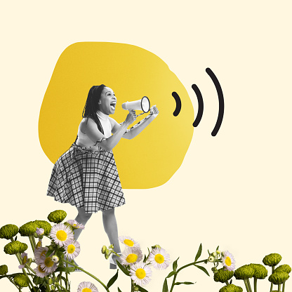 Young emotional girl in retro style outfit with megaphone isolated on abstract background. Contemporary art collage. Inspiration, idea, trendy. Concept of sales, info, news, propaganda, influence, ad