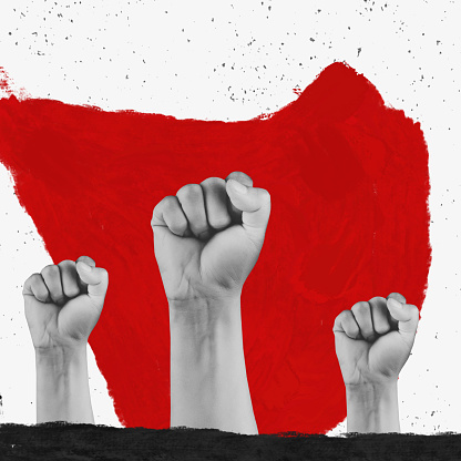 Fight for human rights. Modern art collage. Contemporary minimalistic artwork in red and white colors with hands showing fists isolated over abstact background with paper effect.