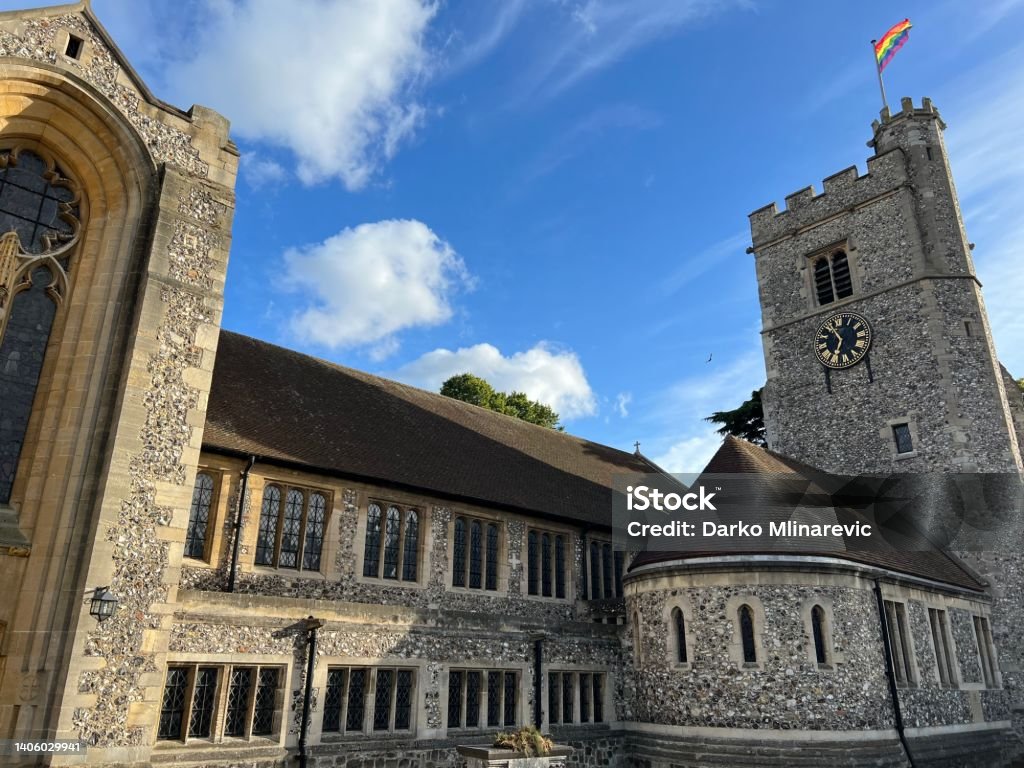 Saint Peter and Saint Paul Church Rainbow flag on the church of Saint Peter and Saint Paul in Bromley, South London Borough of Bromley Stock Photo