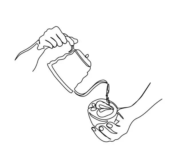Vector illustration of Continuous line drawing of hand pouring coffee to the mug. Coffee drink lineart with active stroke. Hand drawn minimalism style.
