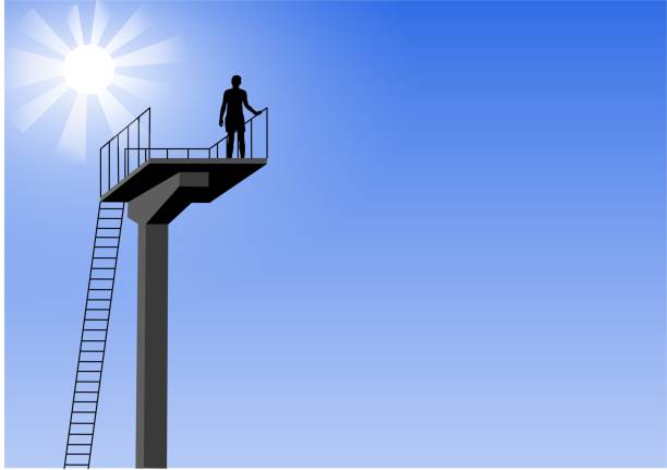 Hard decision. Risk. Courage. Symbol. The silhouette of a man high on a diving platform preparing to jump floating dock stock illustrations