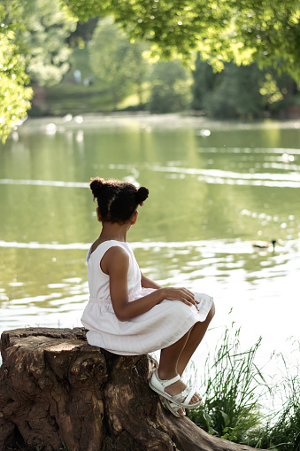 Portrait of a cute African-American girl in a summer dress sitting on the shore of a lake in a park on a summer day,view behind.Summer,diversity concept.Selective focus,copy space.