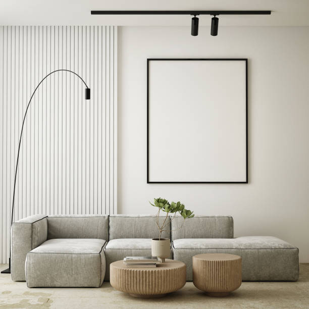istock mock up poster frame in modern interior background, living room, Scandinavian style, 3D render, 3D illustration 1406037869