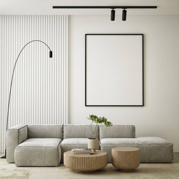 mock up poster frame in modern interior background, living room, Scandinavian style, 3D render, 3D illustration stock photo