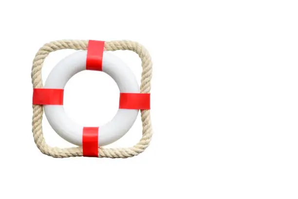 Emergency service, rescue / fast first aid concept : Red lifebuoy / lifebelt isolated on white background, depict the time of emergency that need an extreme responsive or quick rescue using lifesaver