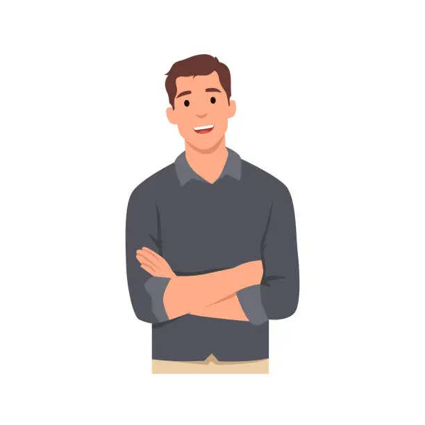 Vector illustration of Young smiling man cartoon character keeping arms crossed,. Businessman standing with folded arms pose.