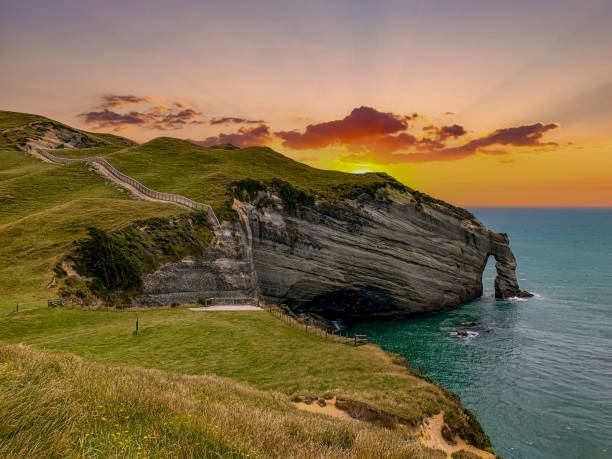 Cape Farewell, the view of Farewell Spit and Puponga Farm Park tracks, New Zealand Pūponga, New Zealand nelson landscape beach sand stock pictures, royalty-free photos & images