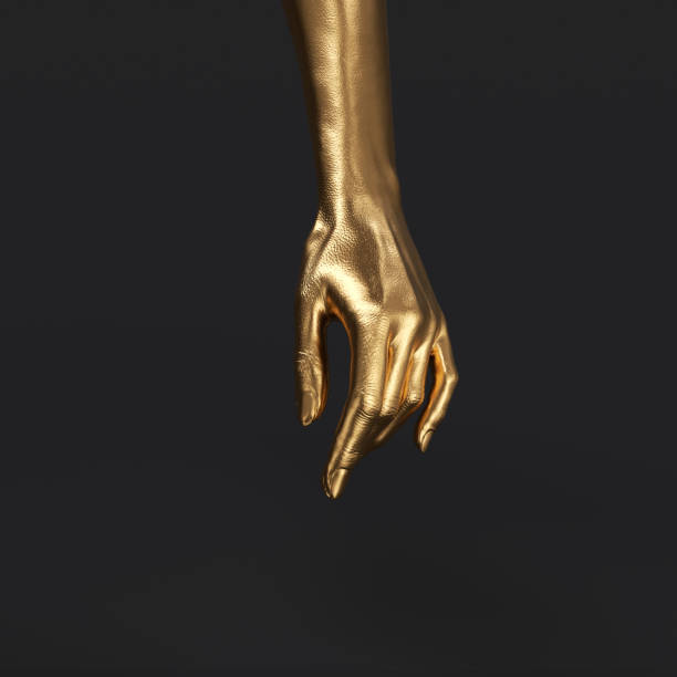 istock Reach gesture woman's gold hand on black 3d rendering, index finger, 1406042076