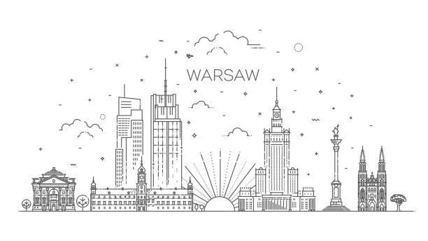panorama warszawy, polska. ta ilustracja przedstawia miasto z jego najbardziej znaczącymi budynkami - warszawa stock illustrations