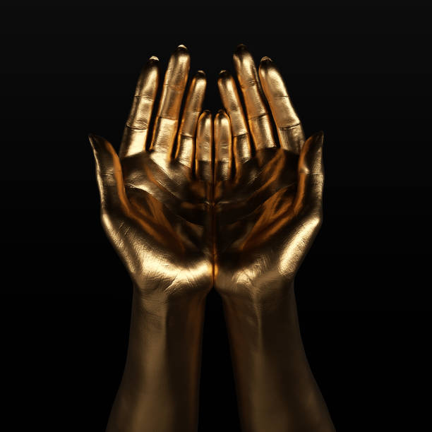 istock Open palms golden hands gesture, 3d rendering gold painted supporting hands, presenting arms. 1406042237