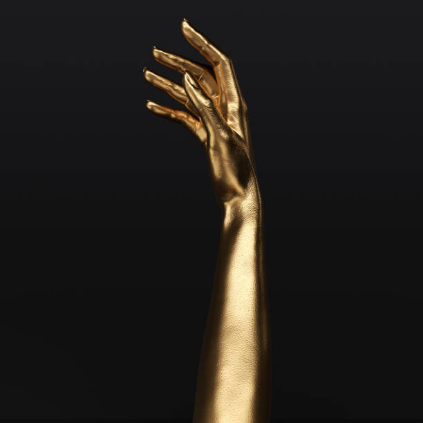 istock Reaching up golden hand isolated on black, 3d rendering female hand pose 1406042378