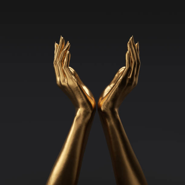 istock Two golden hands keeping safe or charity gesture, presenting concept 3d rendering 1406042455