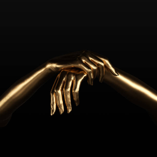 istock Golden hands abstract sculpture 3d rendering, arms pose one hand holding the other 1406042616