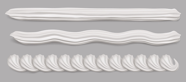 Whipped cream border 3d realistic vector. Whip swirl, white vanilla milk wavy foam for cake edge, sweet creamy twirl for pastry decoration isolated illustrations