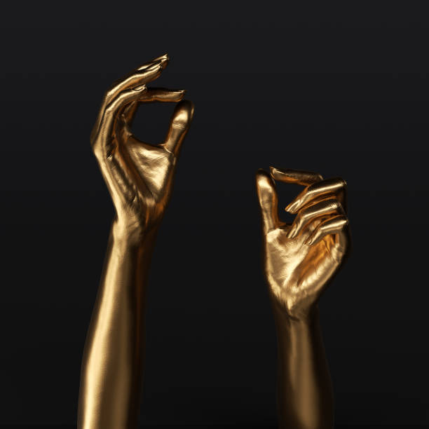 istock Gold painted hands holding something small object, 3d rendering female hand for advertising jewelry 1406043678