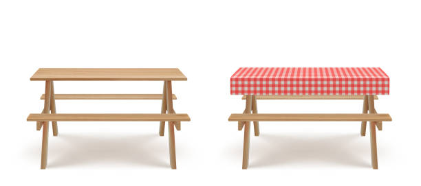 illustrations, cliparts, dessins animés et icônes de table de pique-nique en bois avec bancs nappe vecteur - isolated remote plaid nobody