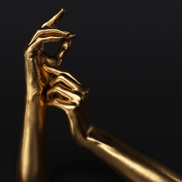 istock Abstract gold woman's hand. Elegant female hands gesture art creative concept banner, 3d rendering 1406044003