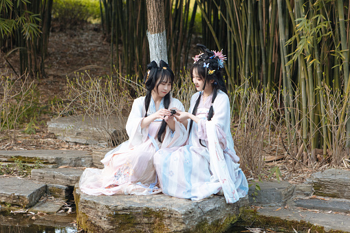 Two beauties in Hanfu travel and drink