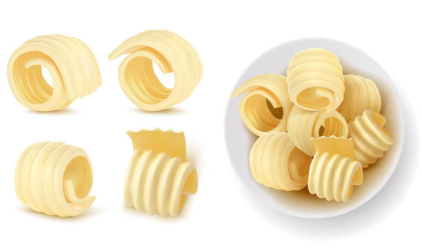 illustrazioni stock, clip art, cartoni animati e icone di tendenza di burro arricciare o vortici in ciotola 3d vettoriale - butter margarine fat bread