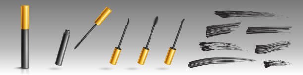 Mascara with brushes, black smudge swatches Mascara with different brushes for eyelash makeup and black smudge swatch. Vector realistic mockup of 3d cosmetics package, closed and open container with applicator and ink for lashes or brows woman mascara smudged stock illustrations