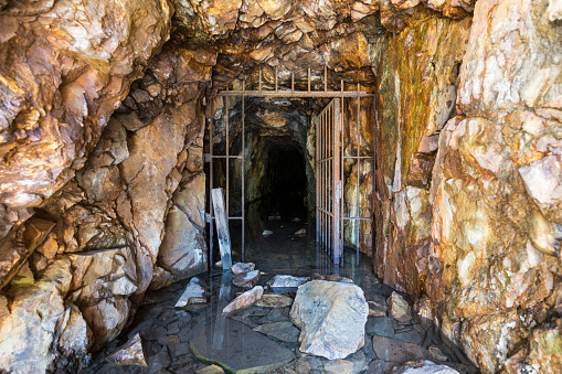 View inside abandoned mine near Mammoth Lakes in the Sierra Nevada Mountains of California.