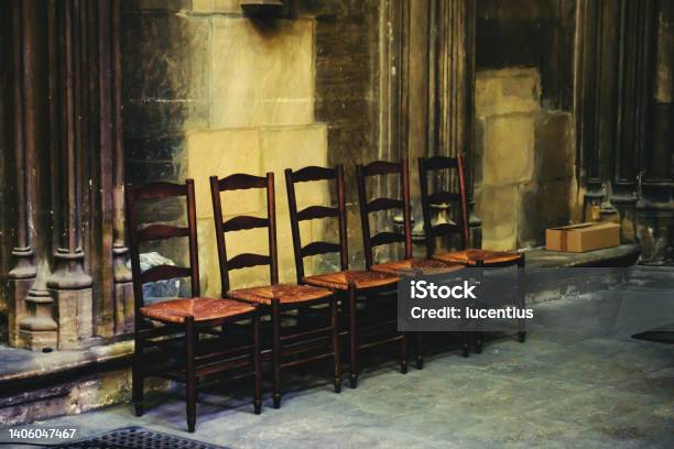 Five Chairs In A Cathedral Stock Photo - Download Image Now - Box - Container, Cardboard, Cardboard Box