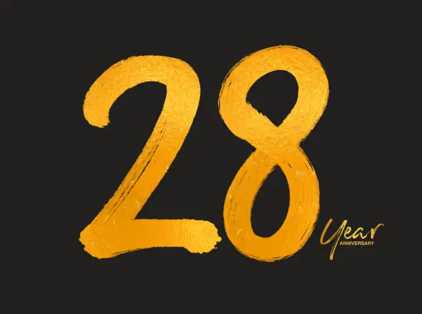 Vector illustration of Gold 28 Years Anniversary Celebration Vector Template, 28 Years  emblem design, 28th birthday, Gold Lettering Numbers brush drawing hand drawn sketch, number emblem design vector illustration