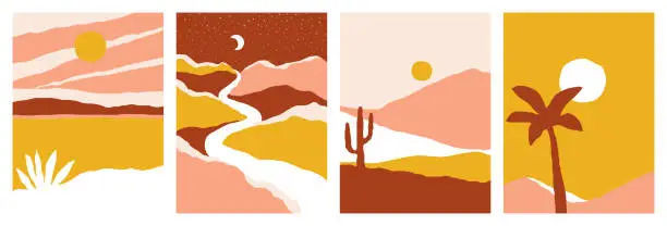 Vector illustration of Abstract minimalist landscapes. Summer nature scenes for artistic greeting card, decorative poster or elegant social media background. Set of vector graphic design elements in warm color palette