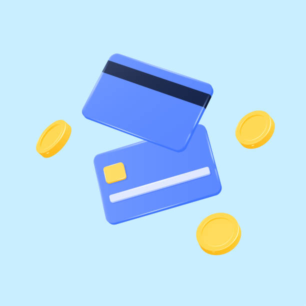 illustrations, cliparts, dessins animés et icônes de cartes de crédit en plastique 3d et pièces d’or en vol. illustration vectorielle réaliste isolée sur fond bleu. - gold paying internet credit card