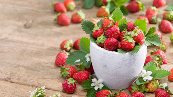 Organic beautiful strawberries. White rustic bowl full of fresh strawberries on table.