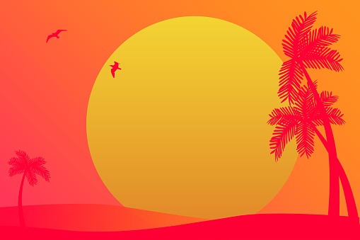 Summer minimal background with sunset beach, palms silhouette.  Vector south  landscape for discount flyer, vacation promotion, web banner and poster design. Holiday, vacance, rest, tourism background