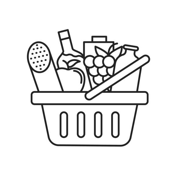 Icon of food basket with fruits, sausage and bottle of wine and milk. Outline icon. Vector illustration."n Icon of food basket with fruits, sausage and bottle of wine and milk. Outline icon. Vector illustration. buying liquor stock illustrations