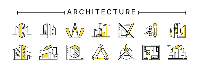 Architect buildings. Line icons of architecture project for engineer documents and real estate plans. Apartment interior blueprint. House construction. Drafting stationery. Vector design logo set