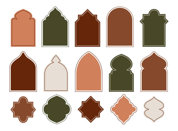 illustrations, cliparts, dessins animés et icônes de formes du ramadan. éléments islamiques de la mosquée arabe. autocollants de porte et cadre en arc arabe. silhouette orientale musulmane. fenêtre orientale. palette de bordures arabesques vides. conception vectorielle plate - culture perse