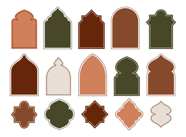 ラマダンの形。アラブのモスクのイスラム教の要素。ドアステッカーとアラビアンアーチフレーム。イスラム教徒の東洋のシルエット。オリエンタルウィンドウ。空のアラベスクの境界線に� - ペルシア文化点のイラスト素材／クリップアート素材／マンガ素材／アイコン素材