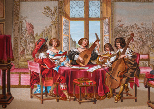 Chamber music, 17th Century, Classical musicians playing lute, Cello, Singers, Men and women, French Vintage illustration, Chamber music, 17th Century, Classical musicians playing lute, Cello, Singers, Men and women, French chamber orchestra stock illustrations