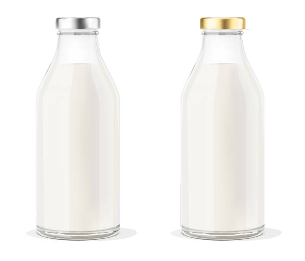 illustrazioni stock, clip art, cartoni animati e icone di tendenza di due bottiglie di latte 3d puro. illustrazione vettoriale. - milk milk bottle bottle glass