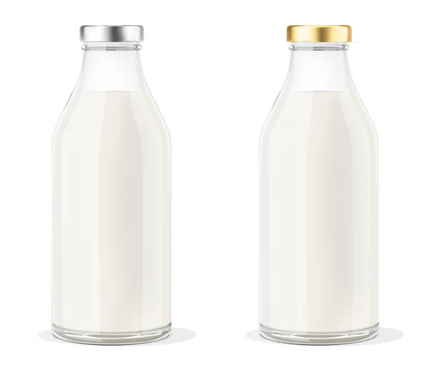 dwie butelki na mleko pure 3d. ilustracja wektorowa. - milk milk bottle bottle glass stock illustrations