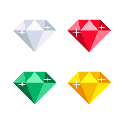 Cartoon precious gemstones flat icons set. Diamond, ruby, emerald, topaz. Flat vector illustration isolated on white background. For infographics, web, mobile app, game interface, design