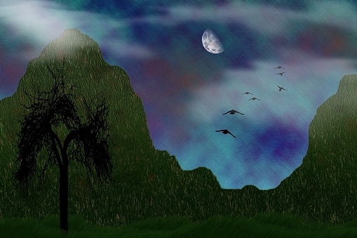 Green hills and tree. Moon and birds. 3D rendering