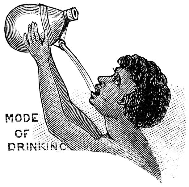 A man drinking from a traditional Fijian pottery water jug. Vintage etching circa 19th century.