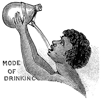 A man drinking from a traditional Fijian pottery water jug. Vintage etching circa 19th century.