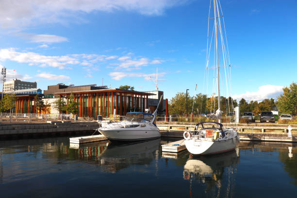 The marina right in downtown - Thunder Bay Marina, Ontario, Canada stock photo