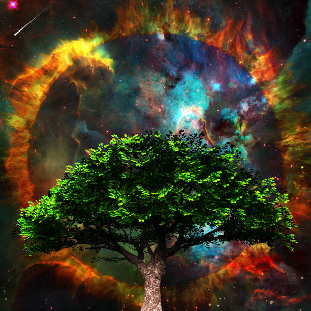 Surreal spiritual composition. Green tree and vivid colorful universe at the background. 3D rendering