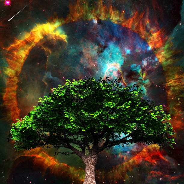 Green tree and vivid colorful universe stock photo