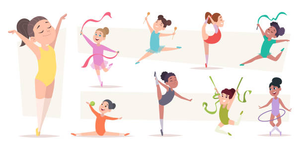 Acrobatic kids. Little school girls making sport exercises on gymnastic competition or performance exact vector illustrations set isolated Acrobatic kids. Little school girls making sport exercises on gymnastic competition or performance vector illustrations set. Character activity and little gymnastic, fitness performance childhood gymnastics stretches stock illustrations