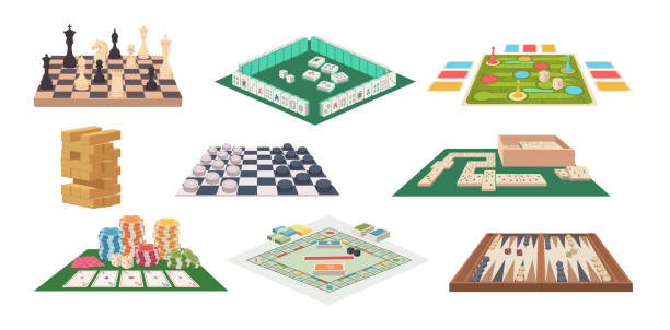 Board games. Family playful occupation domino cards mahjong chess exact vector illustrations in cartoon style Board games. Family playful occupation domino cards mahjong chess exact vector illustrations in cartoon style. Collection of game board to play with kids board game stock illustrations
