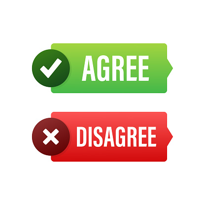 Agree and disagree label. Yes and No check marks. Vector stock illustration